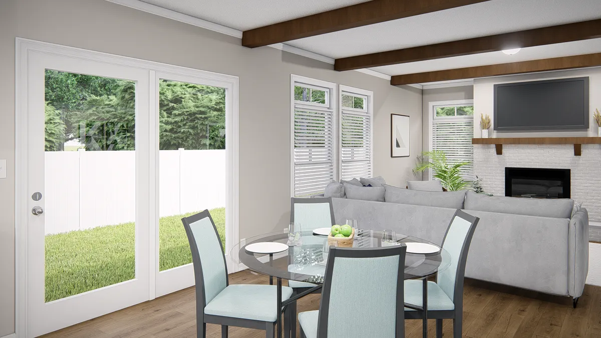 A rendering of a living room and dining room.