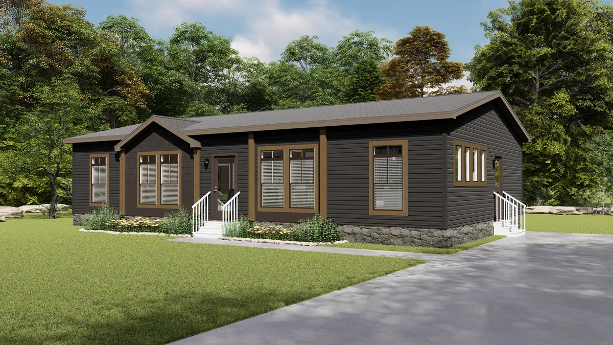 A rendering of a small house with a front porch.
