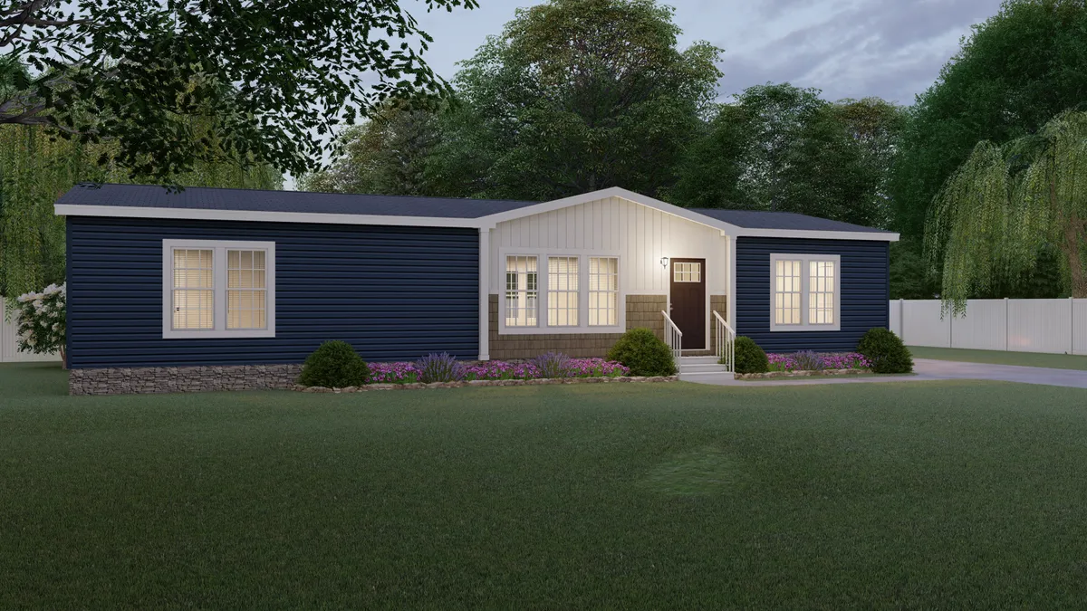 A rendering of a blue mobile home.