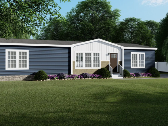 A rendering of a blue and white mobile home.