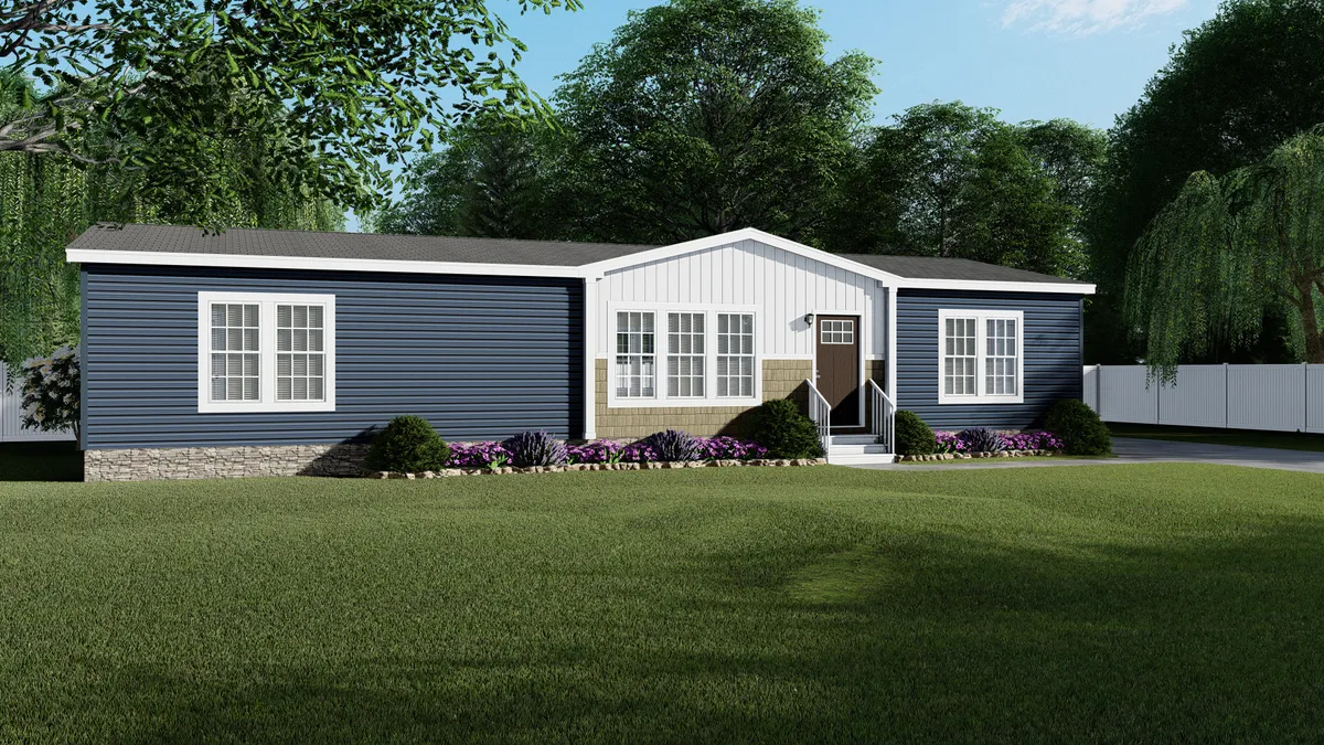A rendering of a blue and white mobile home.