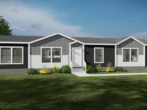 A rendering of a mobile home with two bedrooms and two bathrooms.