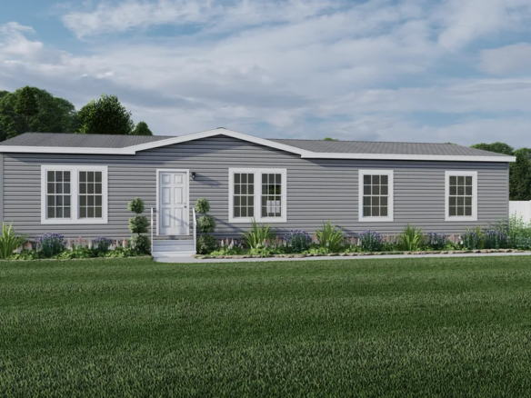 A rendering of a mobile home in a grassy area.