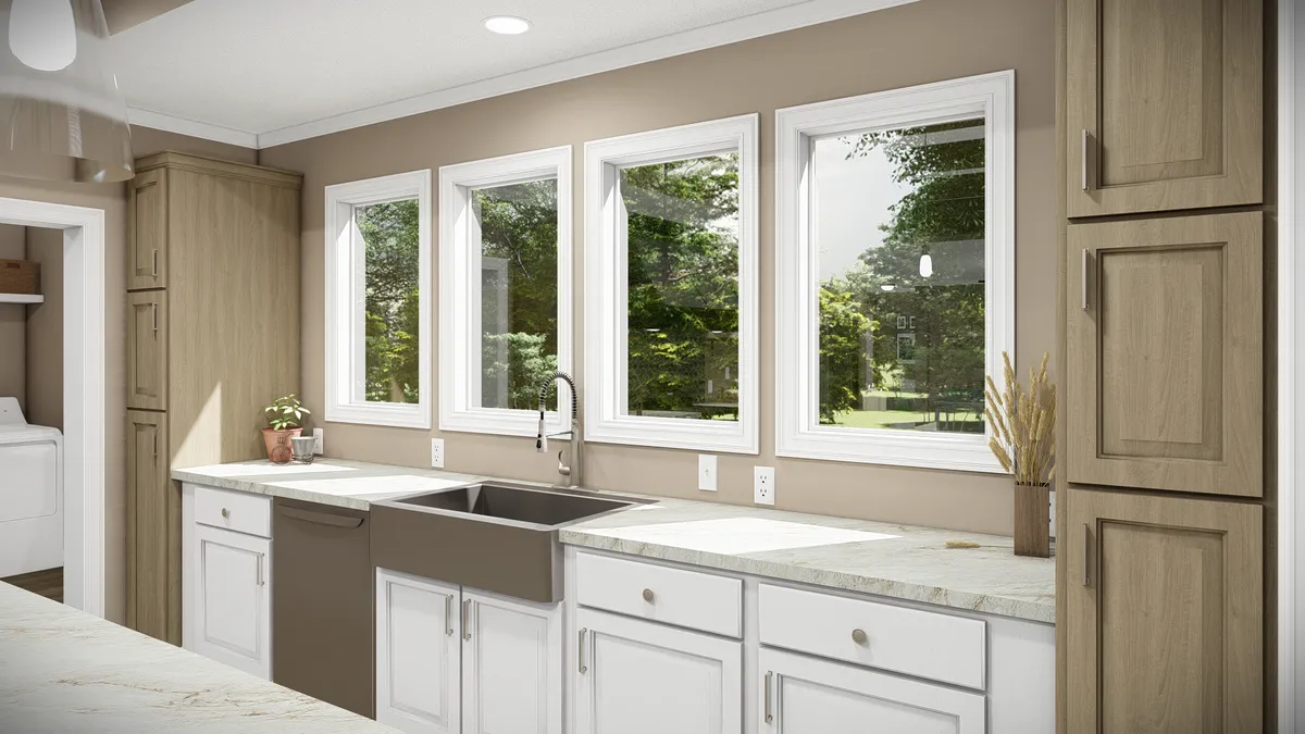 A rendering of a kitchen with white cabinets and a sink.