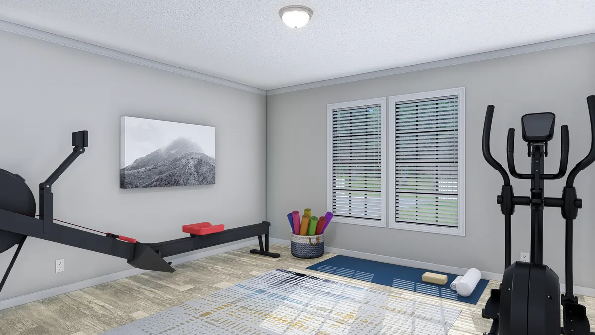 A 3d rendering of a gym room with exercise equipment.