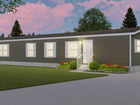 A rendering of a mobile home at dusk.