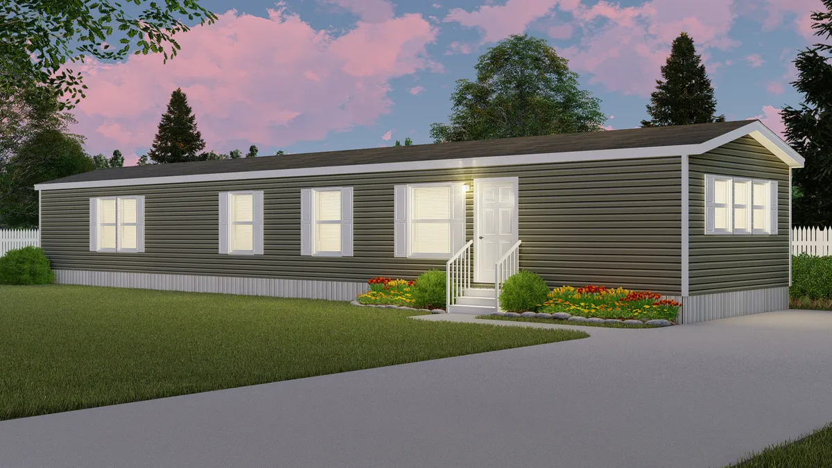 A rendering of a mobile home at dusk.