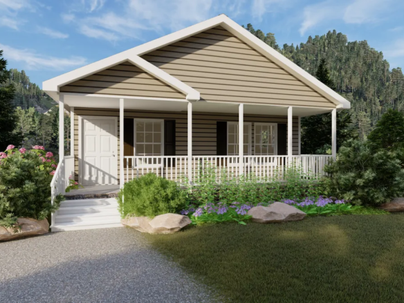 A rendering of a small cottage with a porch.