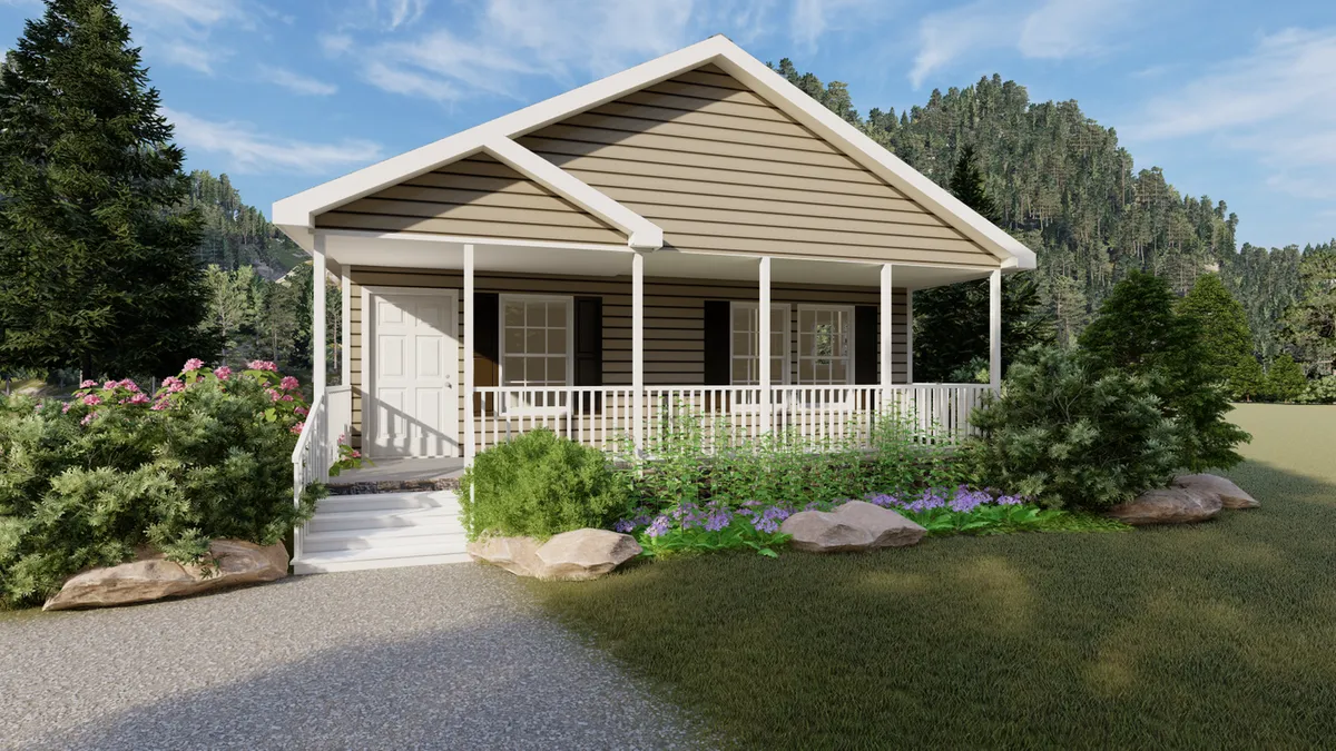 A rendering of a small cottage with a porch.