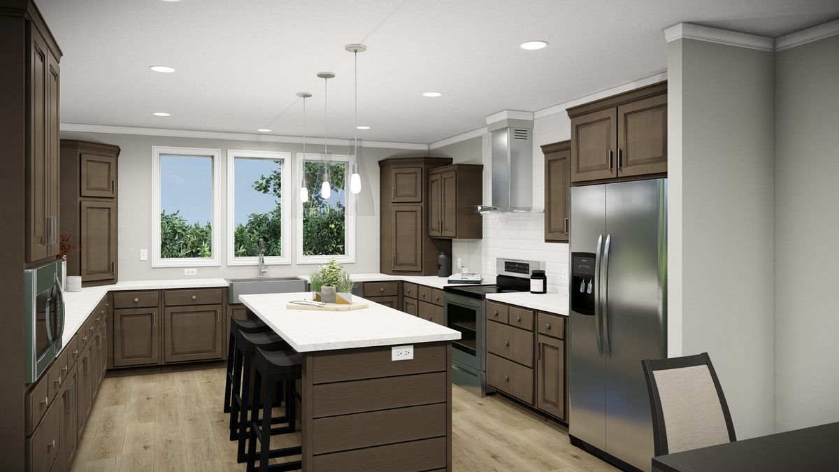 A 3d rendering of a kitchen with brown cabinets.