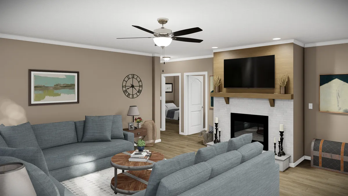 A 3d rendering of a living room with a fireplace.