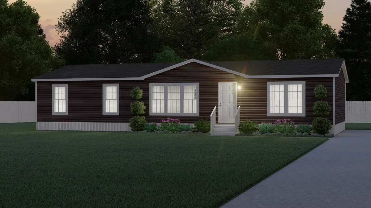 A 3d rendering of a mobile home at dusk.