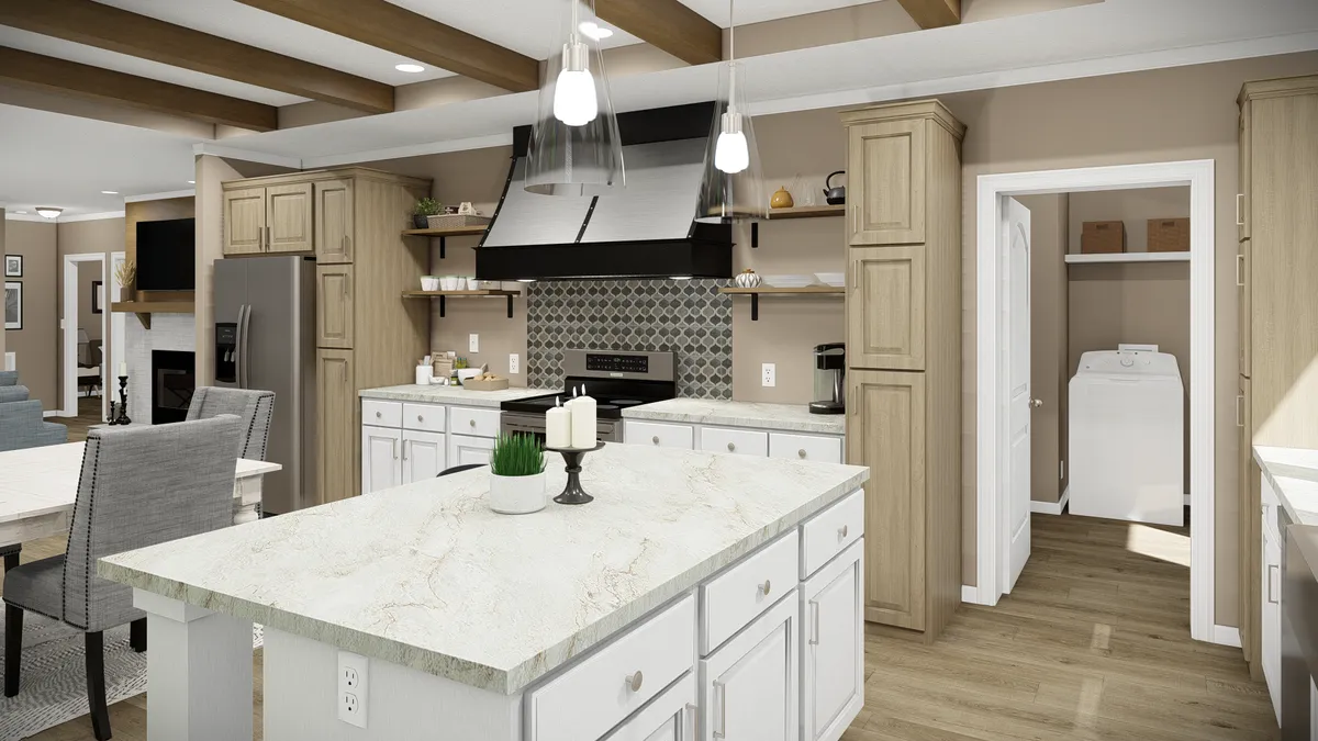 A 3d rendering of a kitchen and dining area.