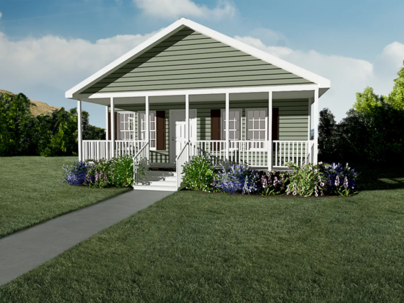 A rendering of a small house with a porch.