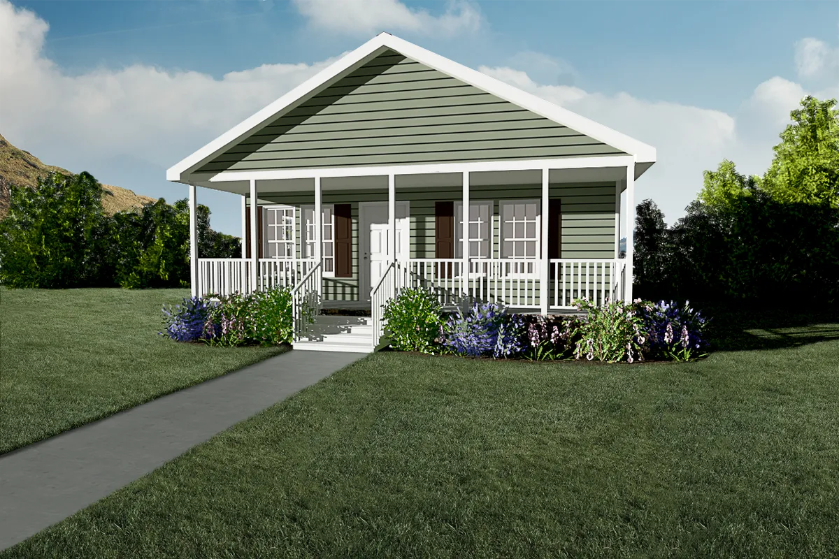 A rendering of a small house with a porch.