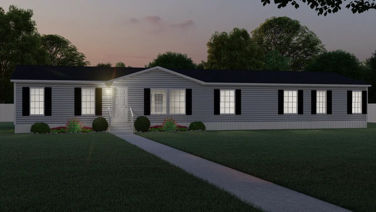 A rendering of a mobile home at dusk.