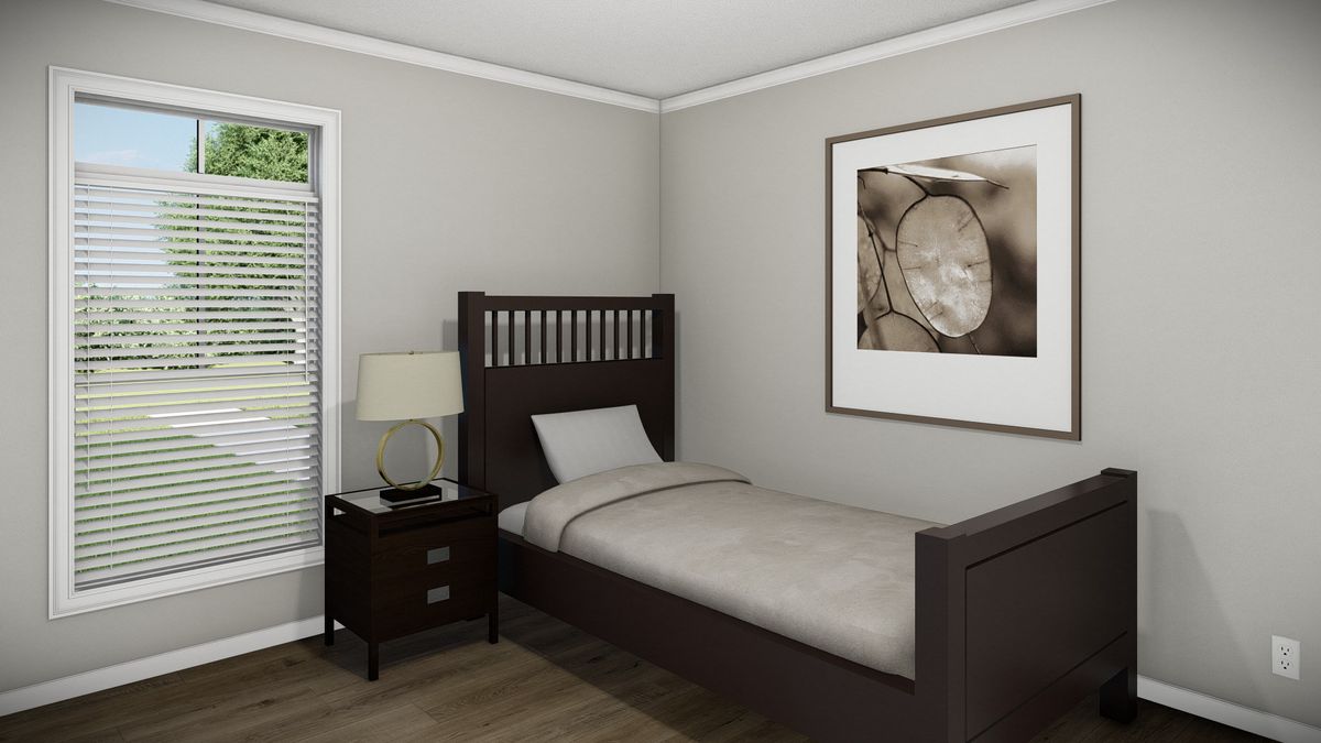 A rendering of a bedroom with a bed and a nightstand.