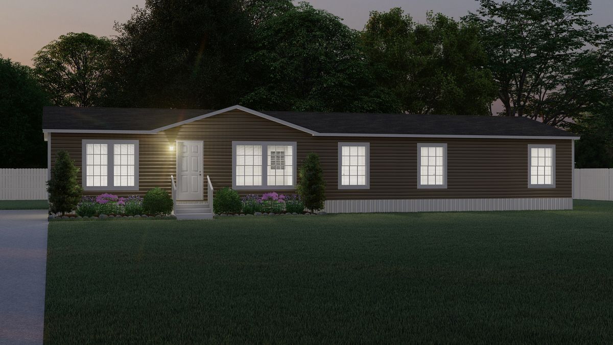 A rendering of a mobile home at dusk.