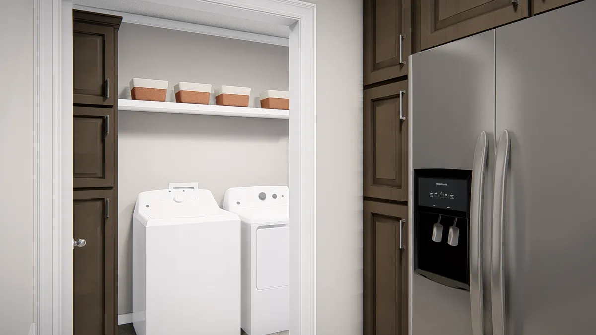 A rendering of a laundry room with a washer and dryer.