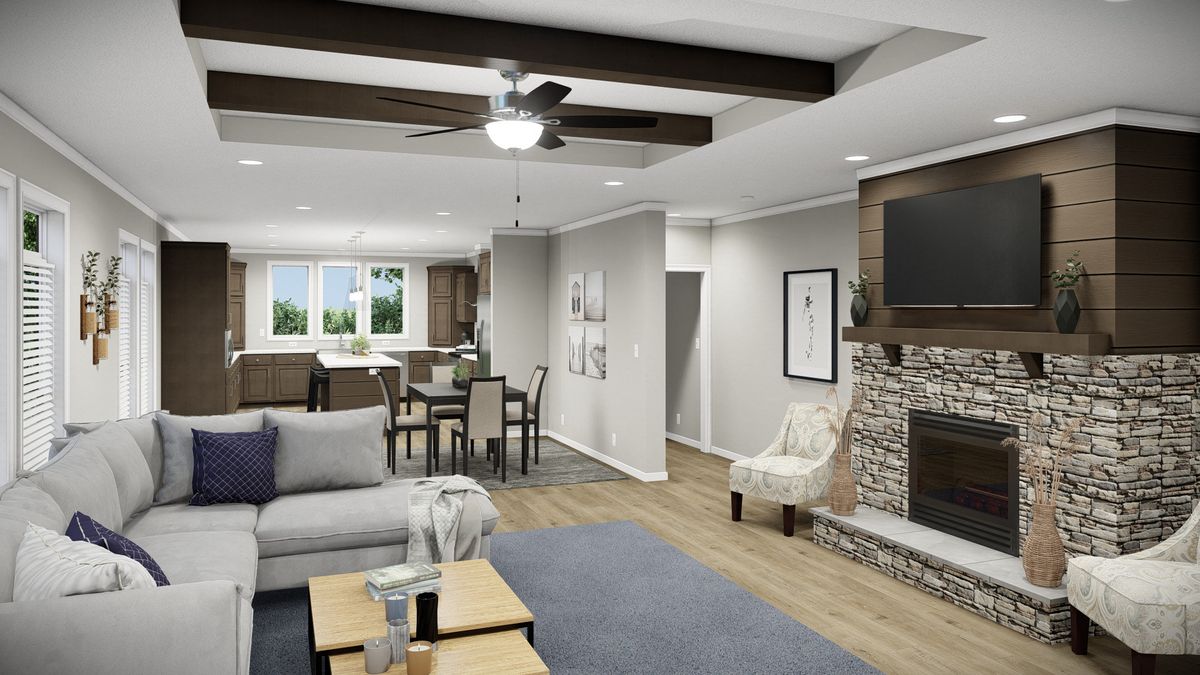 A rendering of a living room with a fireplace.