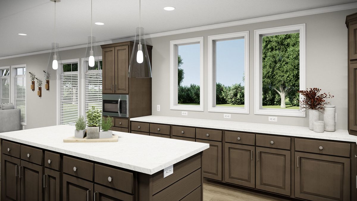 A rendering of a kitchen with brown cabinets and white counter tops.