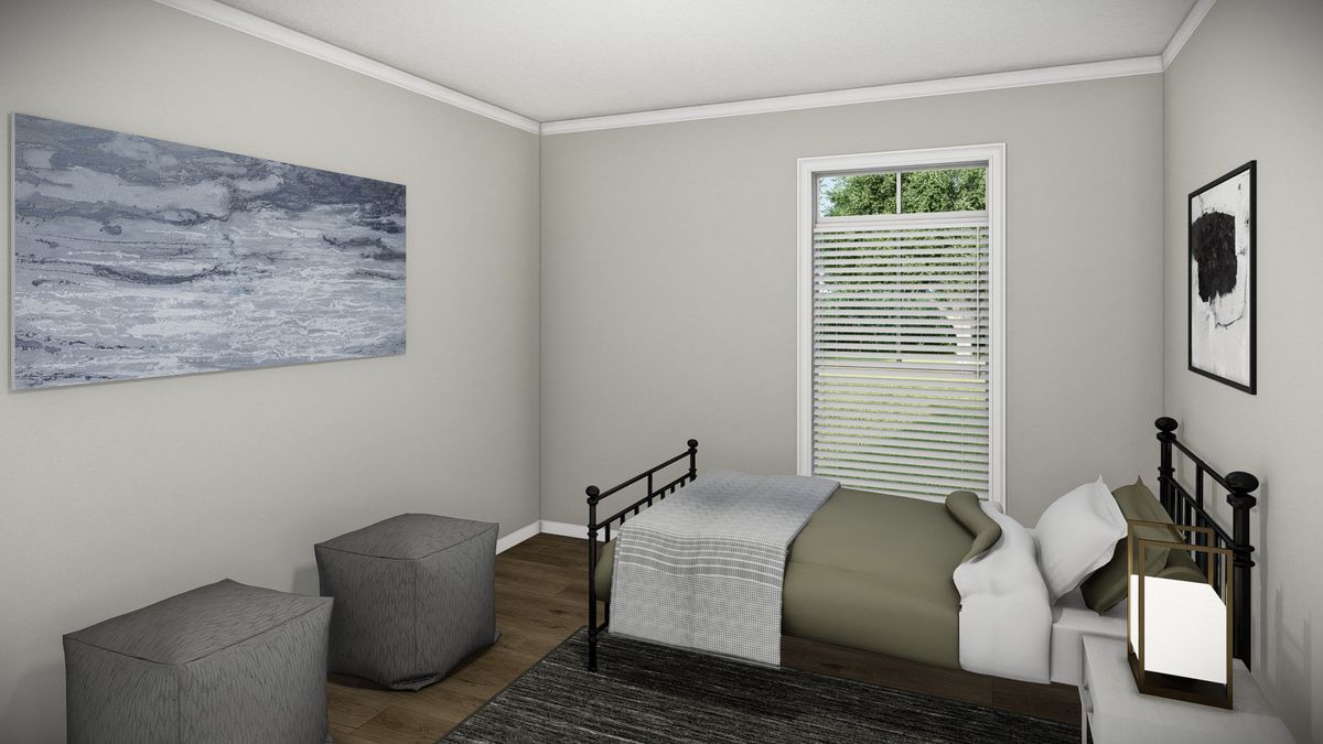 A 3d rendering of a bedroom with a bed and a painting.