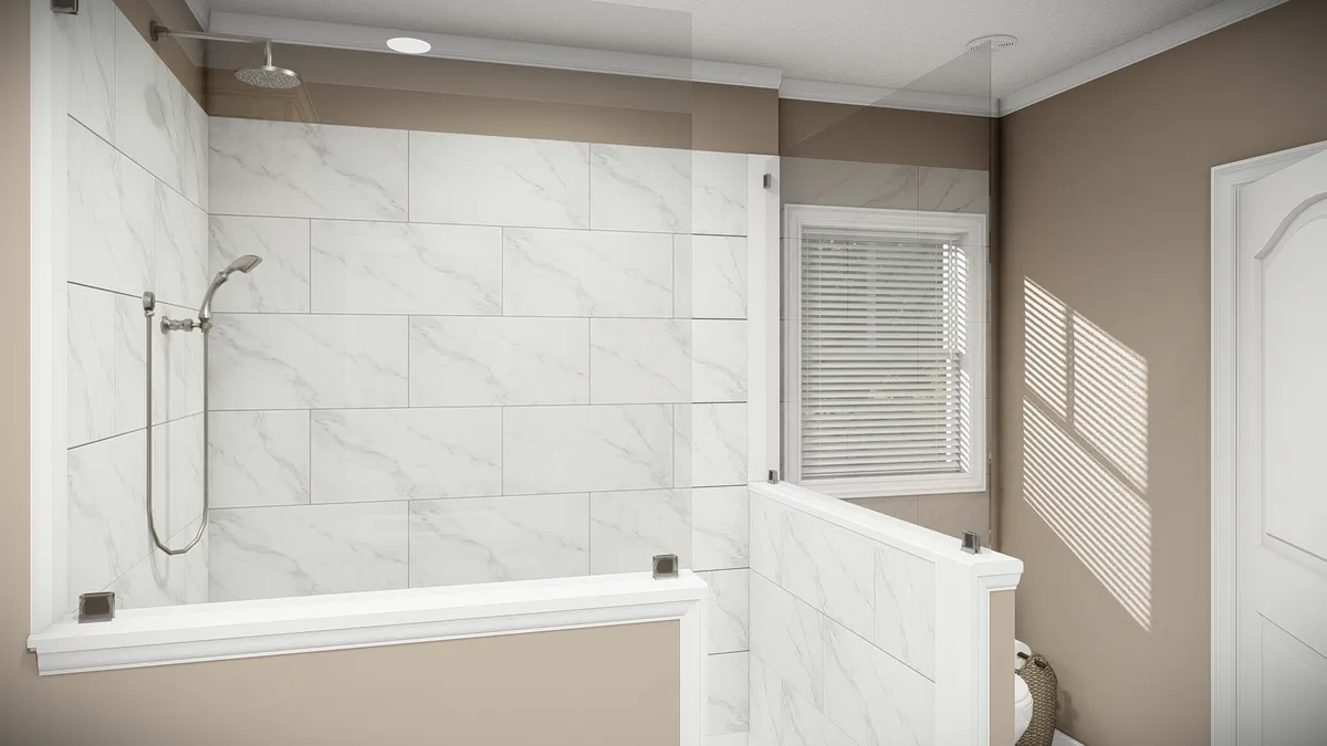 A 3d rendering of a bathroom with a walk in shower.
