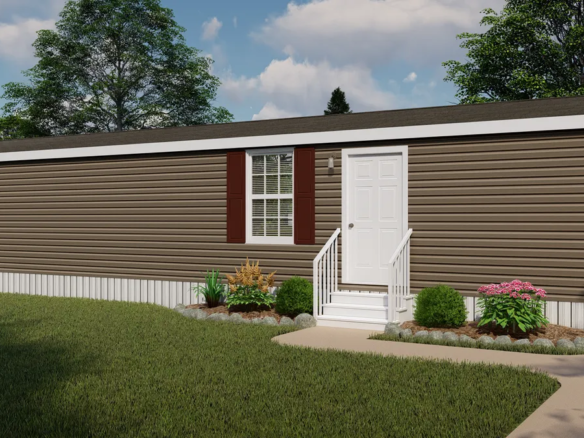 A rendering of a mobile home with a front porch.