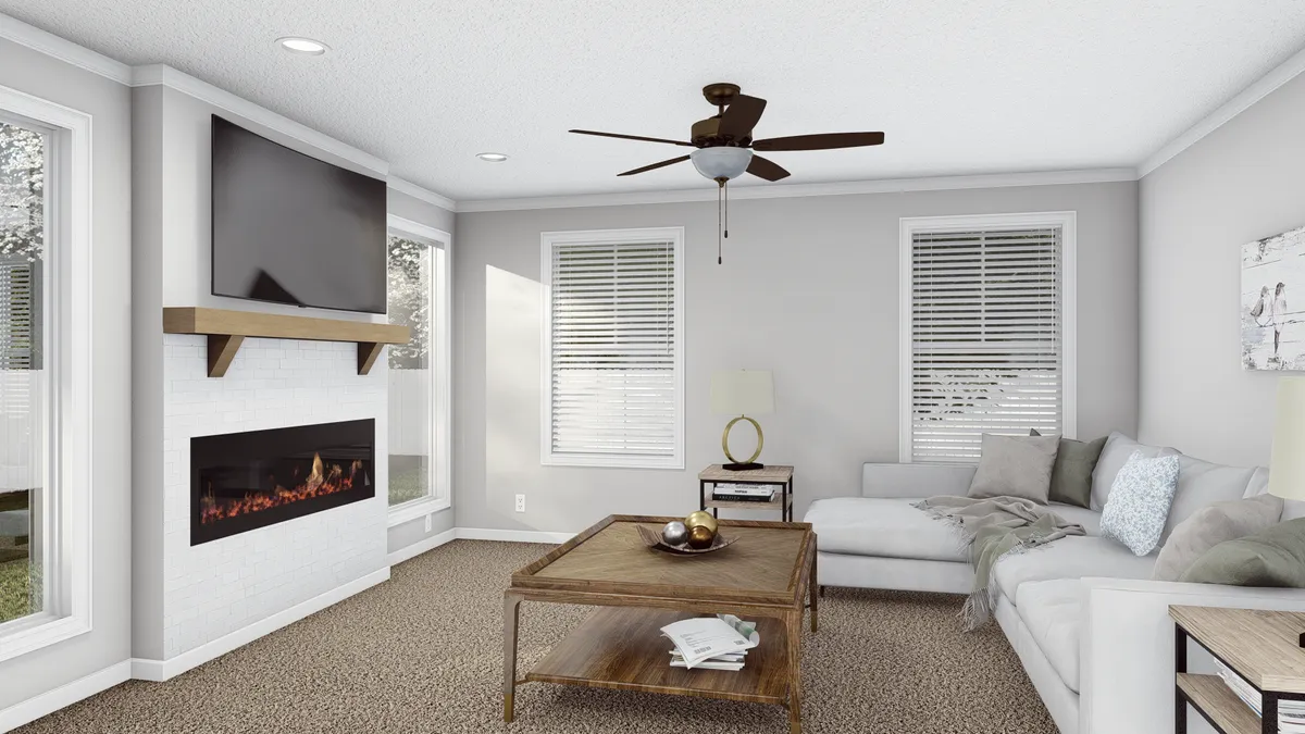 80ab002e-9b0b-4f08-a0cd-4c57c0728caf A rendering of a living room with a fireplace and ceiling fan.