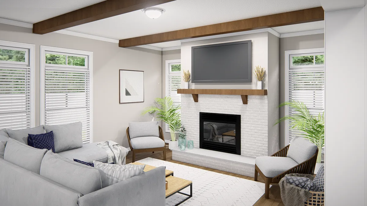 A rendering of a living room with a fireplace.