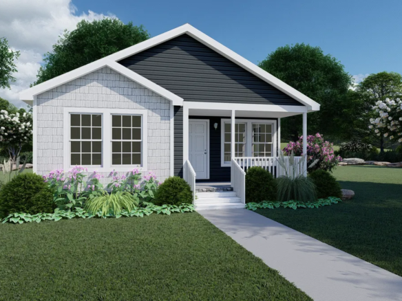 A rendering of a small house with a front porch.