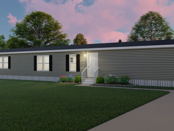 A 3d rendering of a mobile home at dusk.