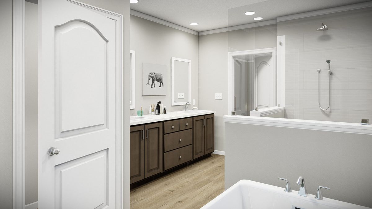 A 3d rendering of a bathroom with a tub and sink.