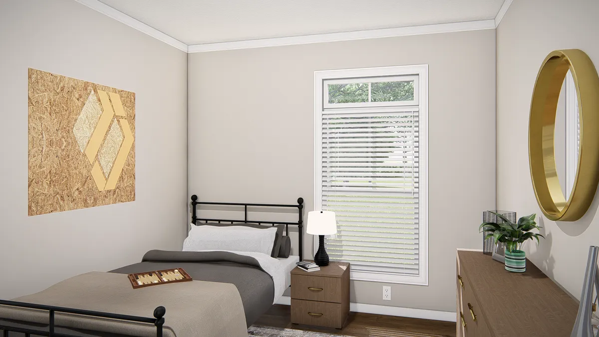 A rendering of a bedroom with a bed and dresser.