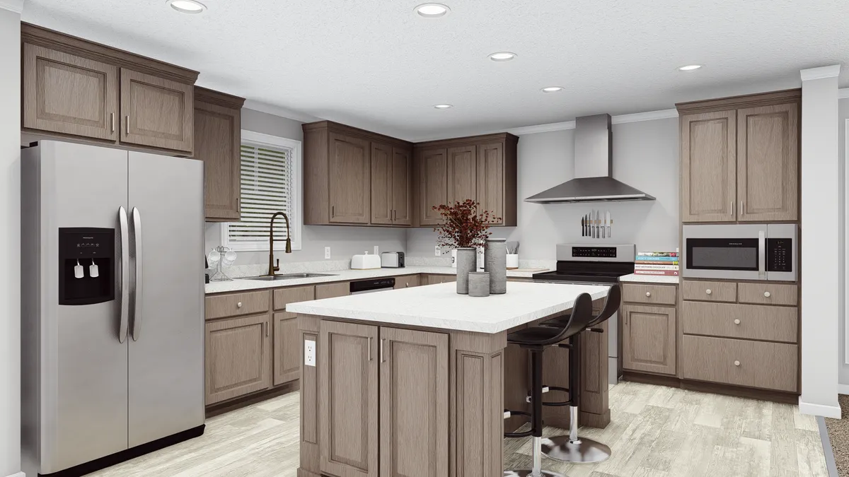 8dbc9eb2-b5d3-40b7-bb07-5ad5a1eaa1aa A 3d rendering of a kitchen with brown cabinets and stainless steel appliances.