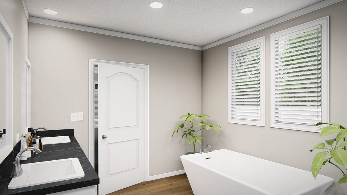 A 3d rendering of a bathroom with a tub and sink.