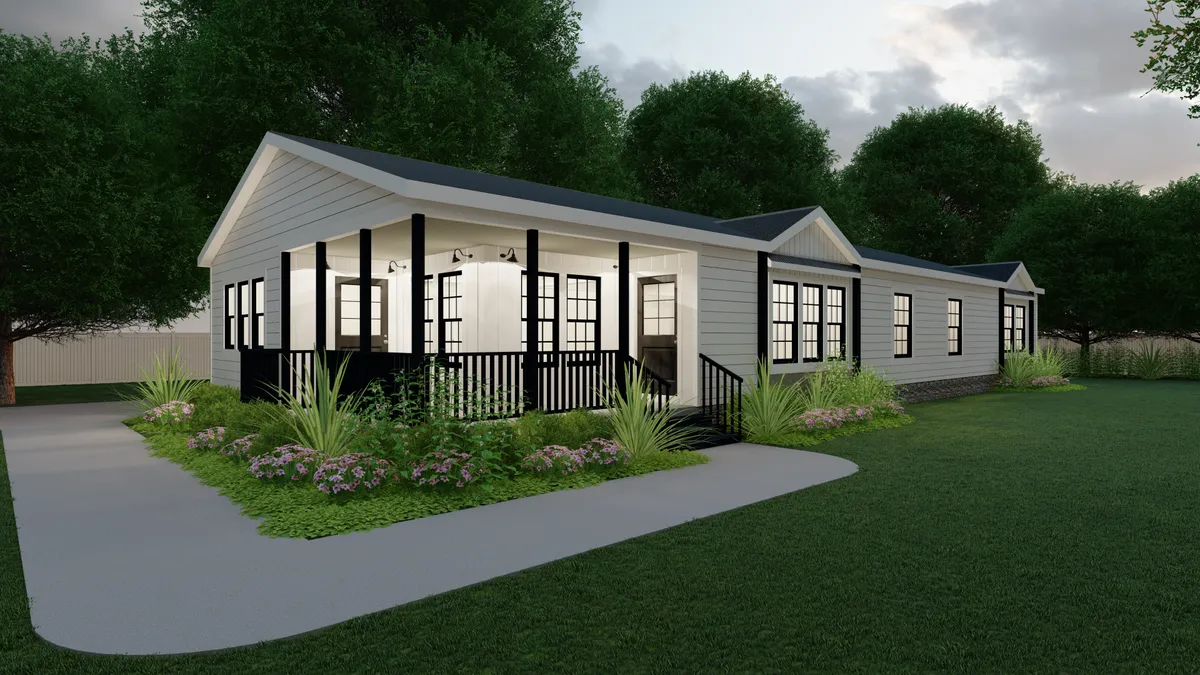 A rendering of a small home with a porch.