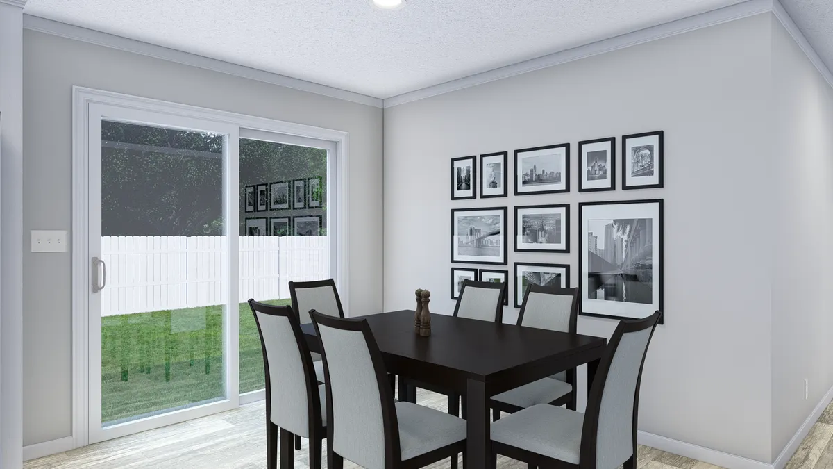A rendering of a dining room with a sliding glass door.