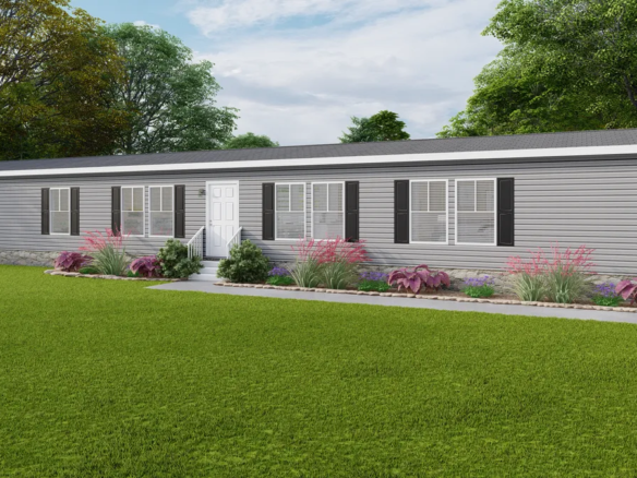 A rendering of a mobile home with a grassy yard.