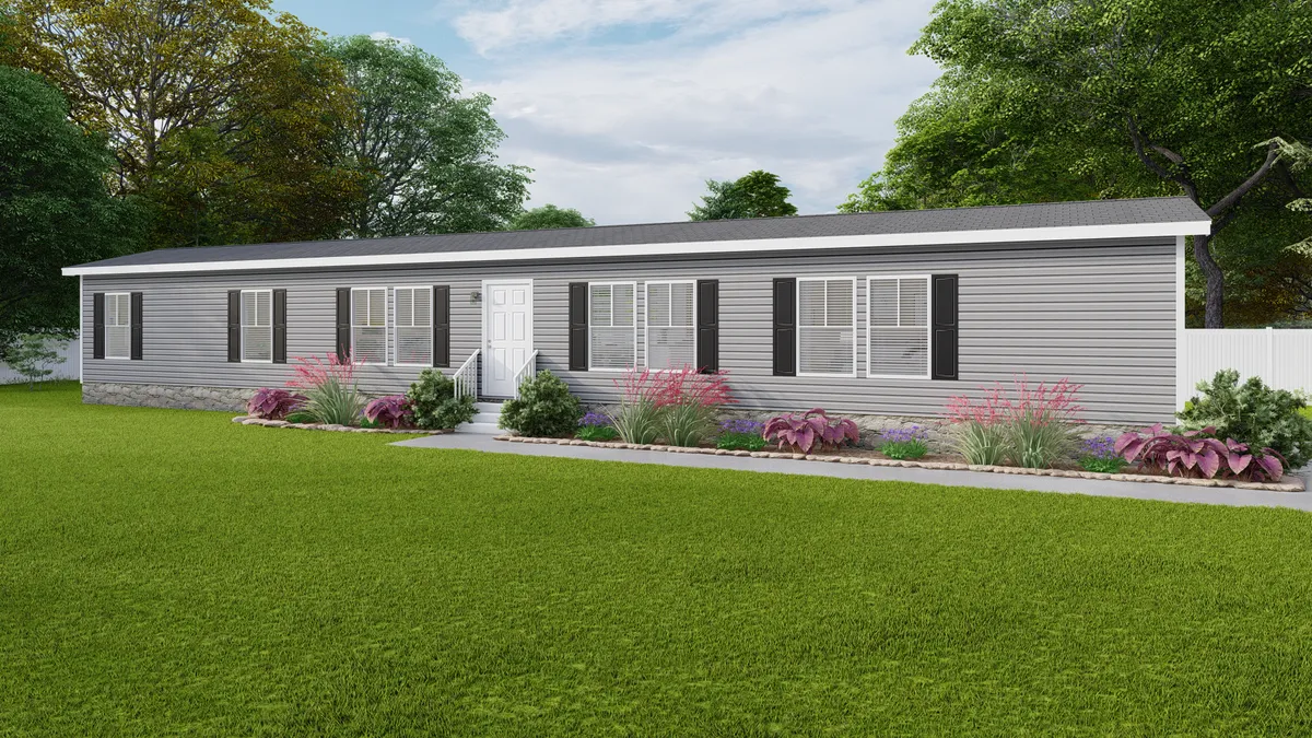 96a38bbe-cfa1-48bb-8d0c-9f29a329ad7c A rendering of a mobile home with a grassy yard.