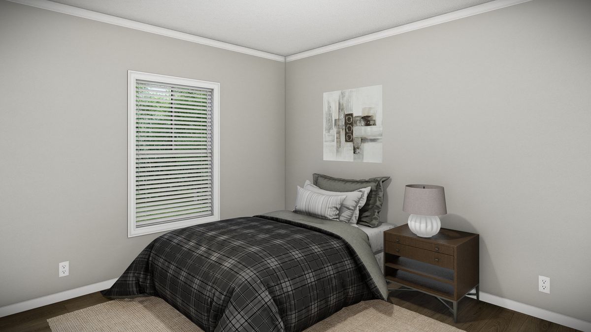 A 3d rendering of a bedroom with a bed and a window.