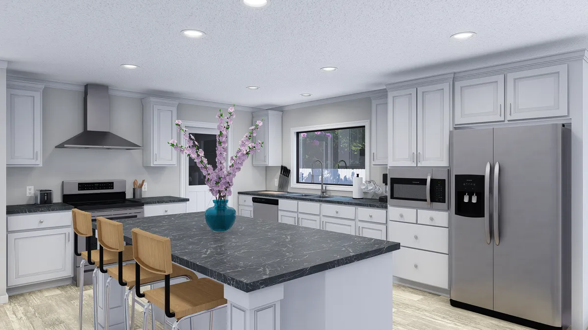 A 3d rendering of a kitchen with stainless steel appliances.