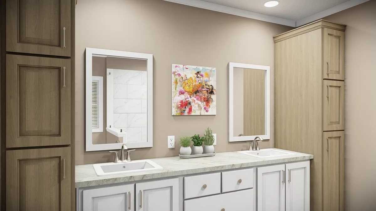 A 3d rendering of a bathroom with two sinks and a mirror.
