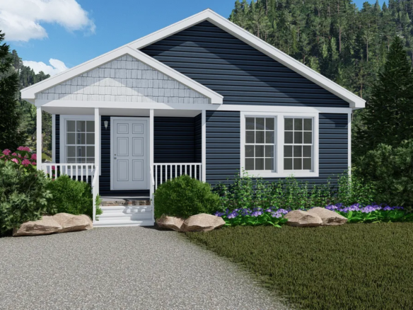 A rendering of a small house with a blue roof.