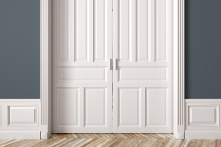 Gray interior walls with white double doors and trim