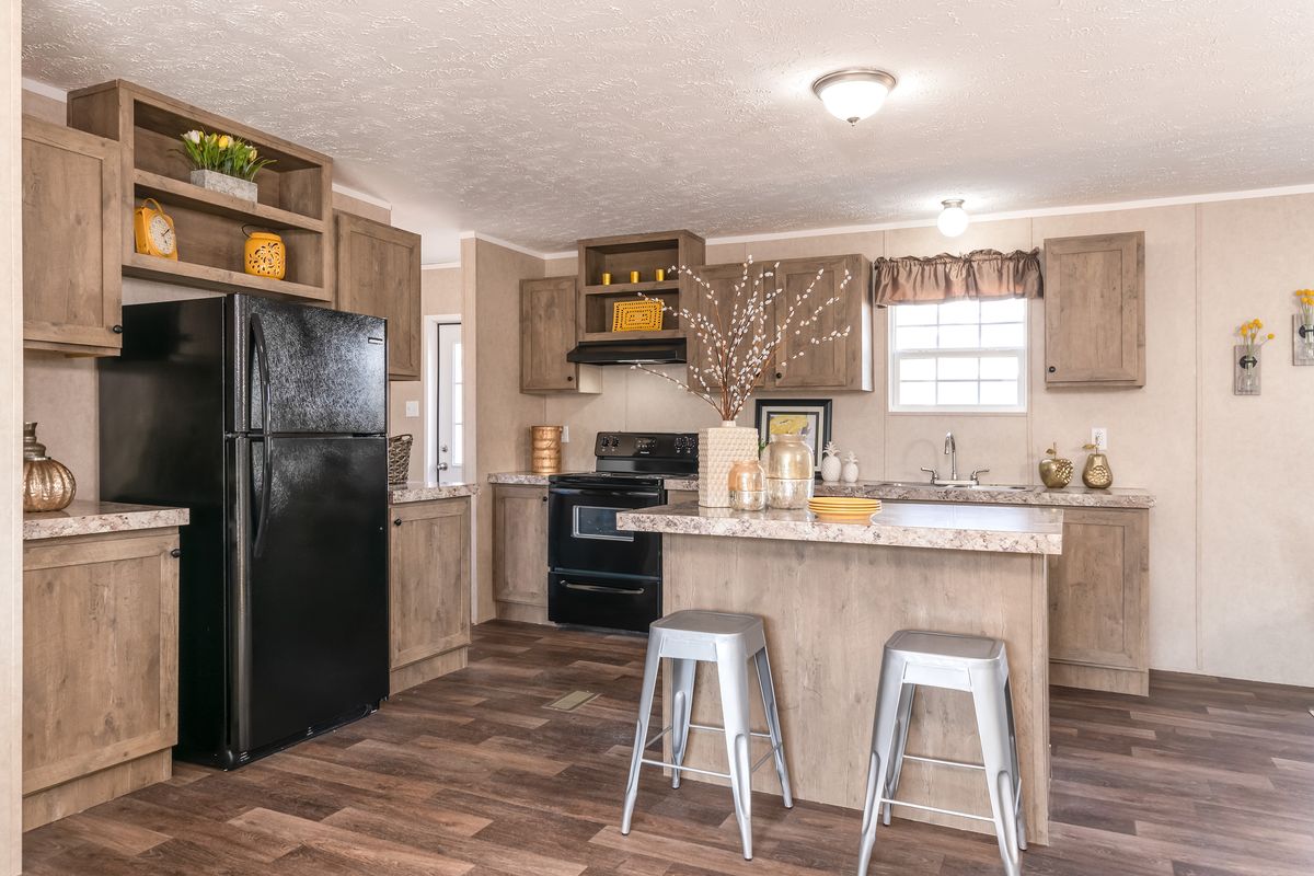 mobile home, kitchen, hardwood floors