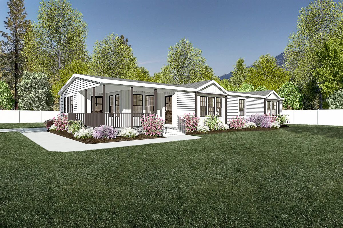 A rendering of a mobile home with a lawn in the background.