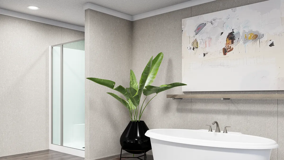 A 3d rendering of a bathroom with a tub and a painting.