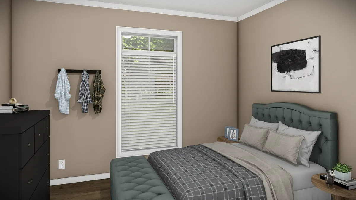 A rendering of a bedroom with a bed and dresser.