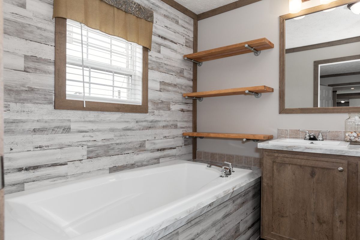 wood cabinets, tub